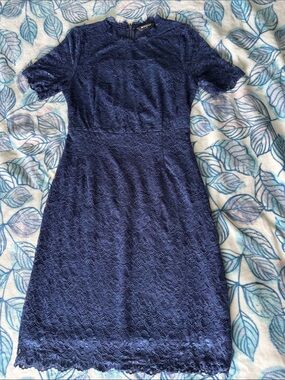Allegra K Navy Lace Midi Dress with Short Sleeves
